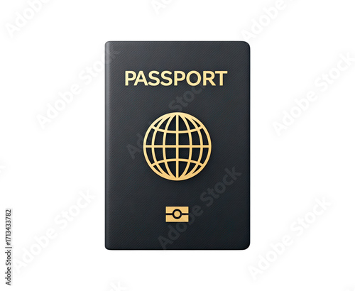 Dark blue passport with gold globe icon on cover on transparent background, PNG