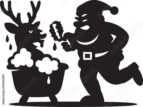 Santa bathing reindeer humorous Christmas silhouette vector graphic