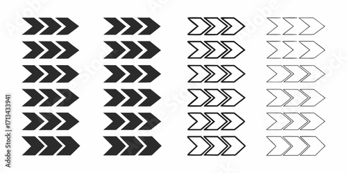 Arrangement of multiple rows containing arrow symbols with varying fill and outline appearances | editable eps vectors silhouette