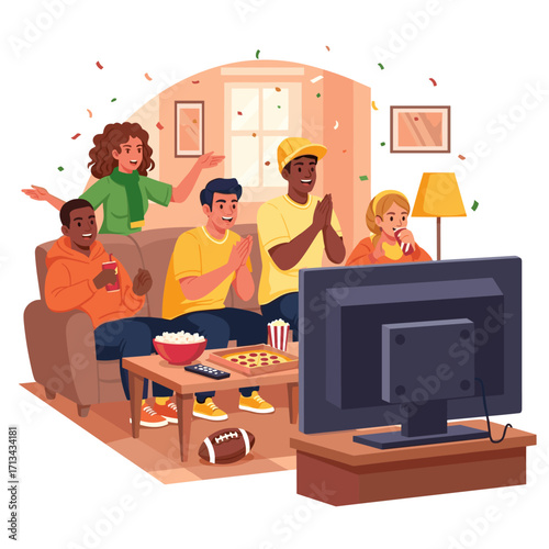 Friends cheering while watching sports on TV