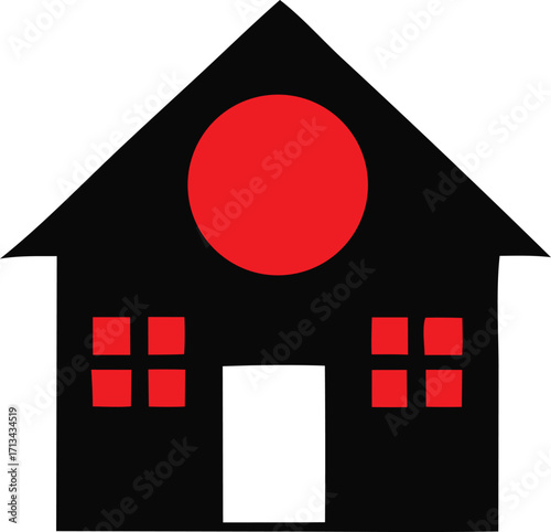 Simple black house icon with red circle and square windows symbolizing home and comfort