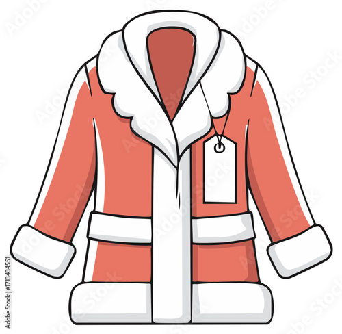 Cartoon illustration of a red coat with white trim and a price tag, ready to purchase.