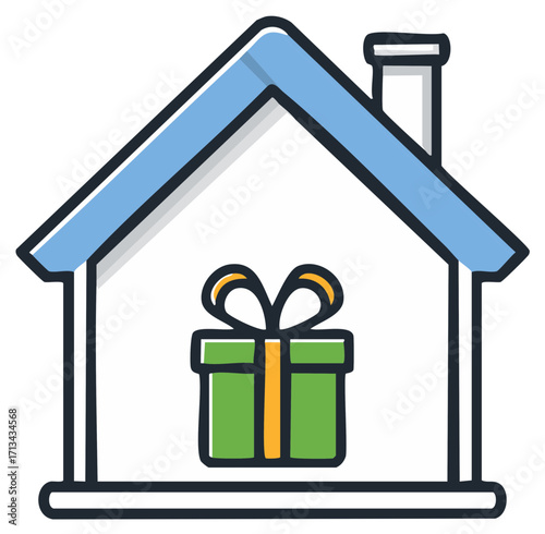 House Icon with Gift Box Inside Represents Home Ownership as a Present or Mortgage Closing Gift