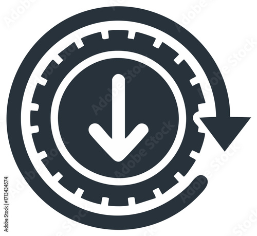 Download icon with rotation arrow. Gear wheel, arrow pointing downwards, and a circular arrow for app update and refresh symbol.