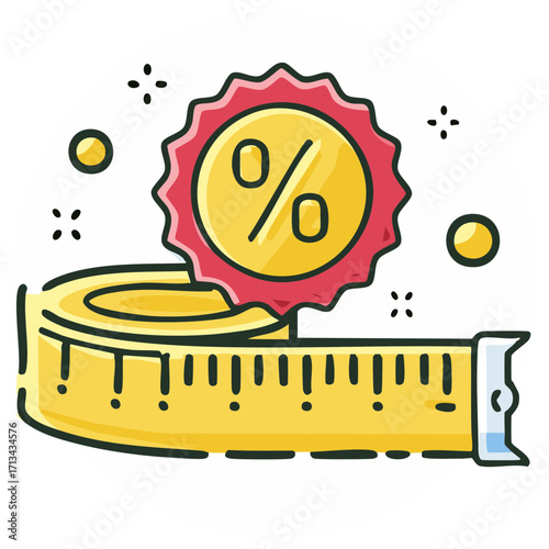 Vibrant discount sale promotion icon with measurement tape illustration, percentage off offer badge for retail