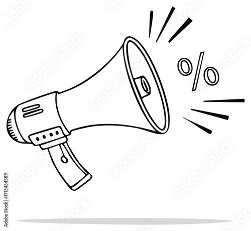 Megaphone Announcing Discount Percentage, Sale Promotion Doodle