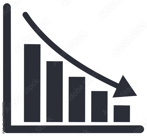 Downward trend bar chart icon with decreasing bars and a curved arrow symbolizing financial decline business loss or economic recession