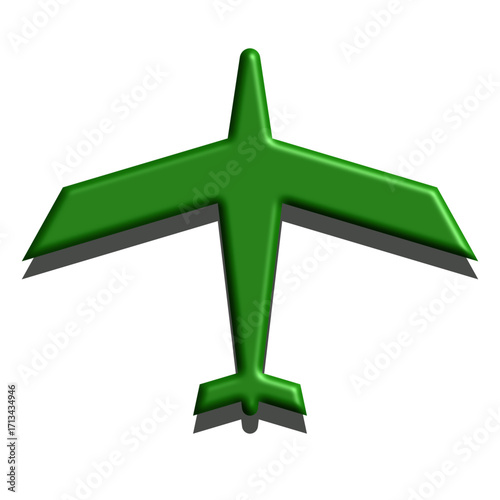 Top down view of a green 3D airplane icon illustration.
