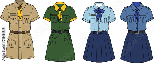 Scout uniforms collection, vintage scout outfits, girl scout clothing, retro scouting fashion, traditional scout attire, youth uniforms, scouting costumes, heritage style