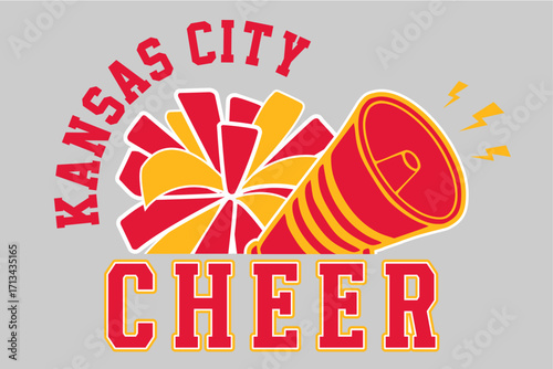 Cheerleader Megaphone and Pompom Illustration. Red and Gold Kansas City Cheerleading illustration.
