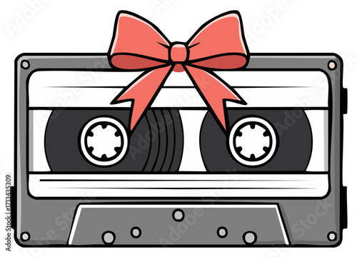 Vintage music mixtape cassette with a decorative pink ribbon bow. Retro audio gift concept.