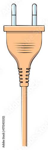 Simple cartoon vector illustration of a beige two pin electric plug and power cable