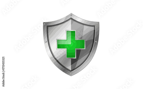 A silver shield with rivets and a green plus sign centered on the shield representing protection health