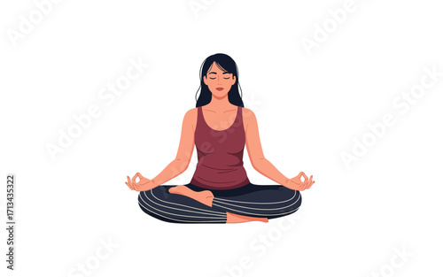 Illustration of a woman meditating in a lotus position with her eyes closed on a white background image