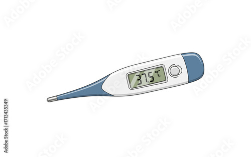 Close up view of a digital thermometer displaying a temperature of thirty seven point five degrees celsius