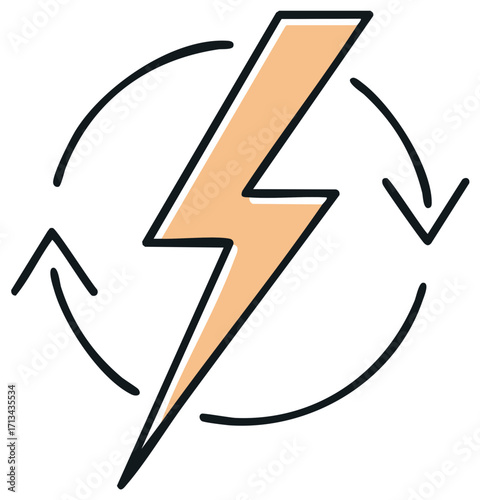 Hand drawn energy bolt icon with circulating arrows for power regeneration and efficient electrical usage