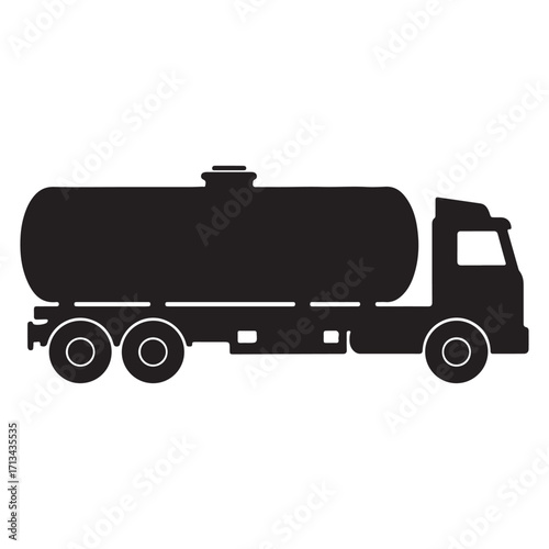 Black silhouette of a large tanker truck transportation vehicle for liquid cargo delivering fuel chemicals or water in a minimalist style