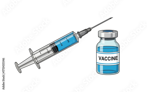 Illustration showing a syringe filled with blue liquid and a vial labeled vaccine on a white background
