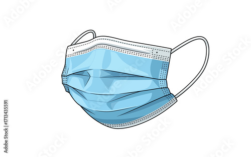 Illustration of a light blue surgical mask with white trim and elastic ear loops on a white background