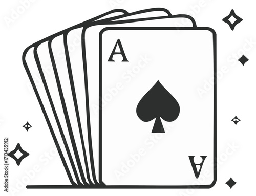 Ace of Spades and Playing Cards Stacked Casino Game Line Art Illustration