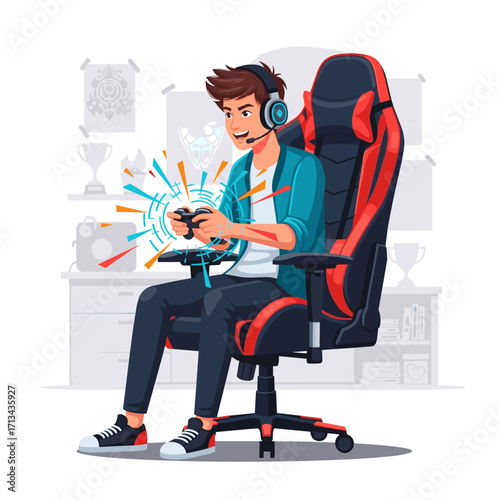 Young man playing video games in gaming chair