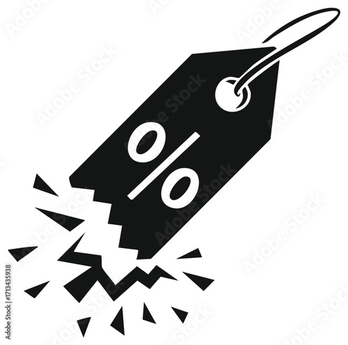 Discount tag with percentage symbol breaking apart