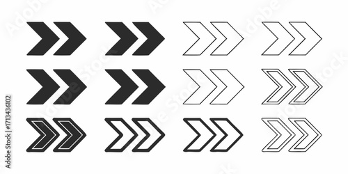 Multiple rows of double chevron arrows in varying styles and fill types pointing to the right side | editable eps vectors silhouette