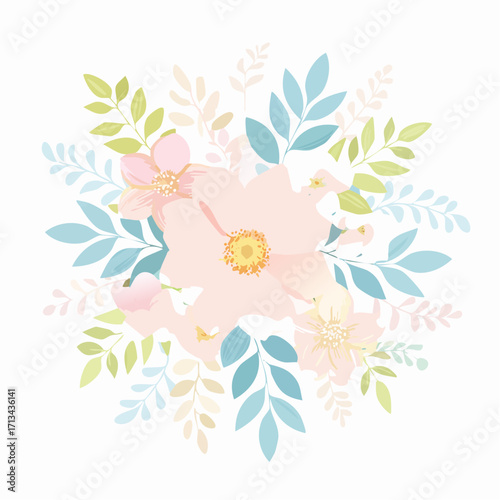 Delicate pastel floral illustration with soft blush pink petals and pale blue and green leaves arranged in a circular pattern