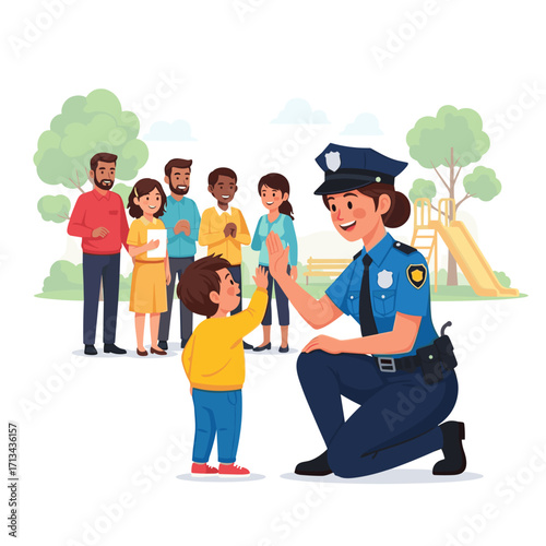 Police officer high-fiving a child in a park