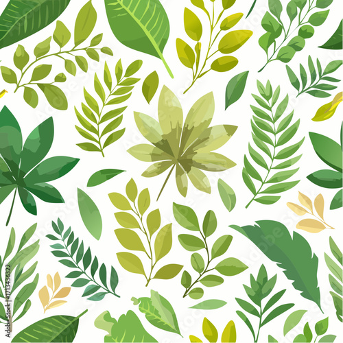 A lush seamless pattern of various green leaves and exotic foliage. Botanical vector illustration with a fresh, natural feel, isolated on a white background
