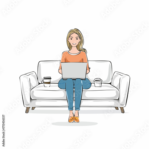 Stylish woman working remotely on laptop while relaxing on a comfortable white sofa with coffee
