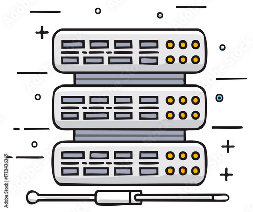 Cartoon illustration of a server rack with network hardware equipment in a data center.