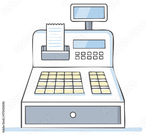 Cartoon Cash Register Machine with Receipt, Keyboard and Display Illustration