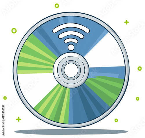 Illustration of a network connection disc with wifi signal, flat vector design.