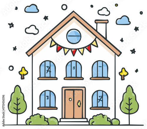 Cute cartoon doodle house illustration with festive flags trees and clouds