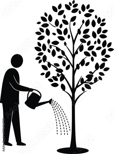 Silhouette person watering tree, environmental care, sustainability, gardening, growth, nature conservation, eco friendly, nurturing plant, green lifestyle, ecology, agriculture, landscapeSilhouette 