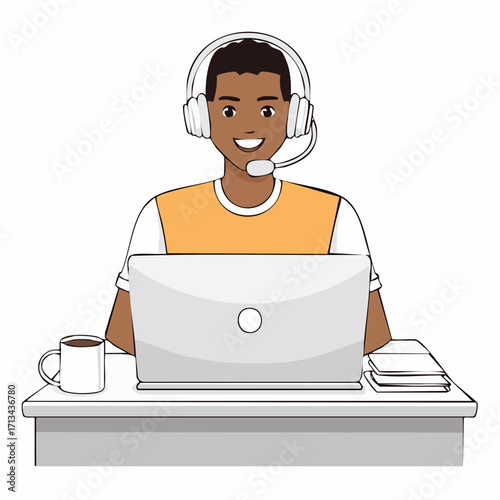 Smiling customer service representative assisting clients with headset and laptop at desk