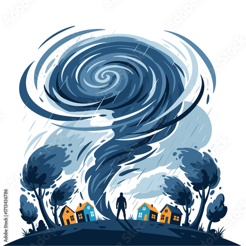 Person facing a tornado with houses and trees