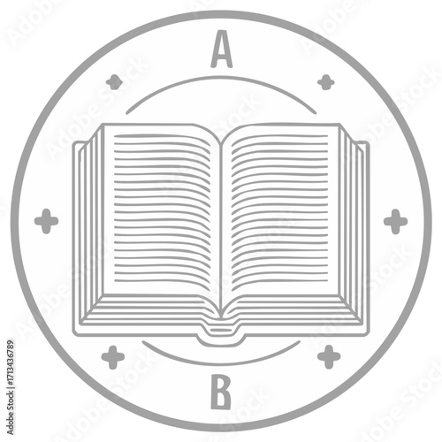 Stylized open book illustration within a circular badge featuring letters A and B and decorative crosses