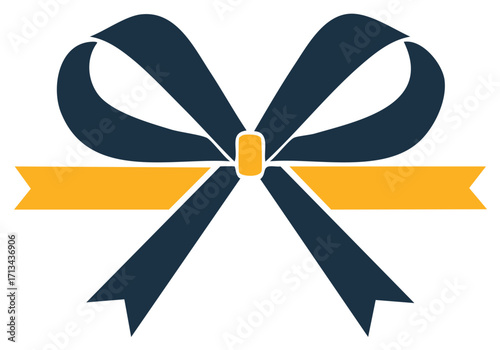 Stylized graphic bow with navy and gold ribbons for celebration and gifting occasions