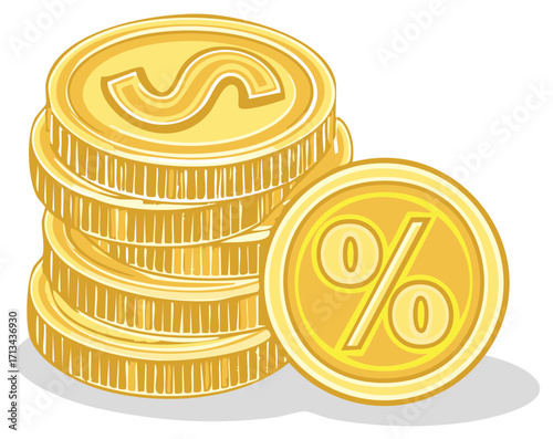 Stack of Gold Coins with Dollar and Percentage Symbols Cartoon Illustration