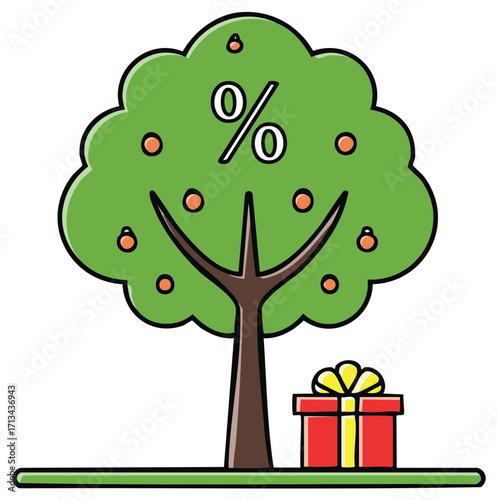 Percentage tree with fruit and gift box concept illustration