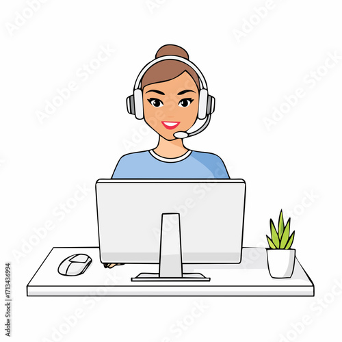 Smiling customer service representative assisting clients with modern headset and desktop computer