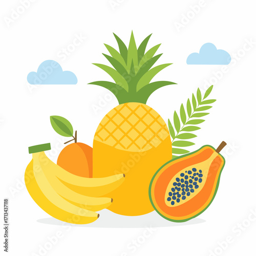 Tropical Fruit Medley Colorful Flat Vector Illustration with Pineapple, Papaya, Banana, and Orange