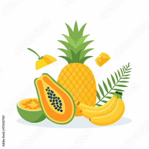 Vibrant and healthy tropical fruit assortment illustration in a cheerful flat design style, perfect for fresh food concepts and promoting healthy eating habits