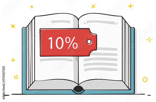 Illustration of Open Book with Ten Percent Discount Tag, Promoting Educational Savings and Affordable Learning