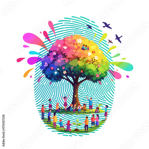 Diverse community around a colorful tree