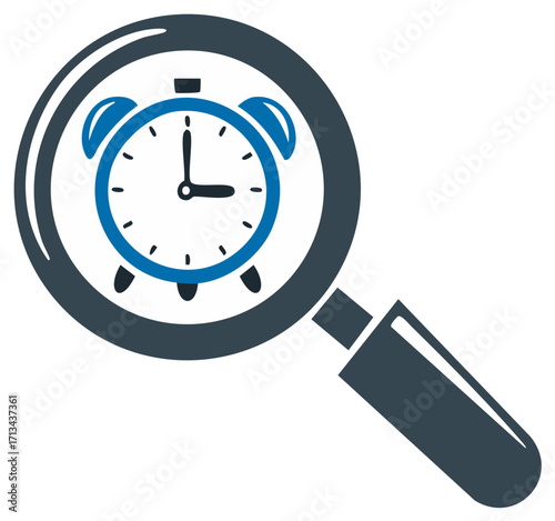 Time management and deadline investigation concept with a magnifying glass focusing on an alarm clock icon