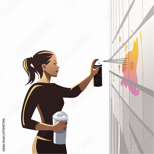Creative woman artist spraying vibrant street art on urban wall with coffee cup in hand