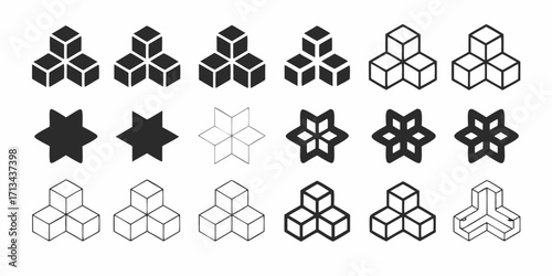 Illustration showing various arrangements of cubes and star shapes in different styles | editable eps vectors silhouette